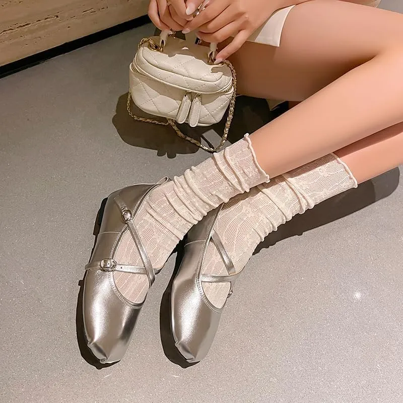 Women's Cross Strap Ballet Flats Square Toe Casual Retro Mary Jane Lolita Dress Shoes