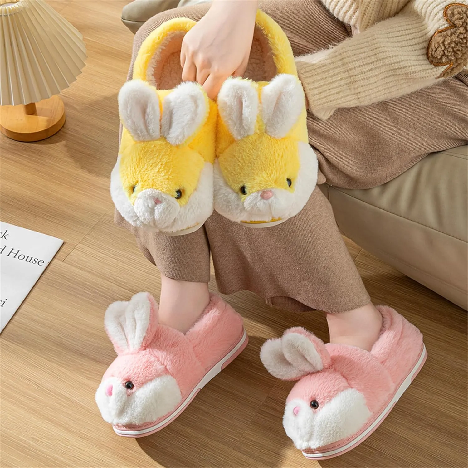 Women's Cute Rabbit Animal Slippers - Novelty Cozy Fuzzy Soft Plush Winter Warm House Shoes Cotton Slippers