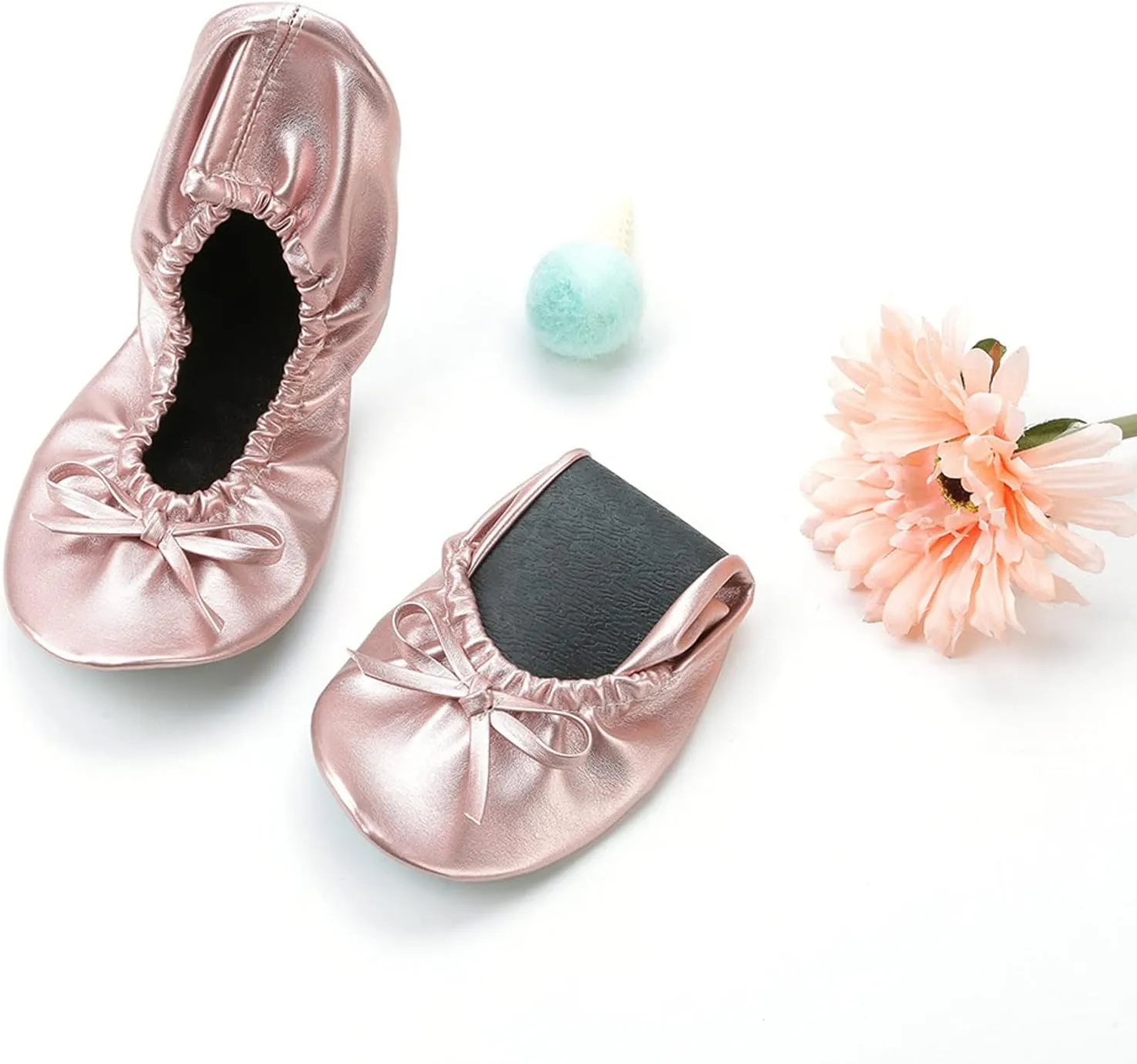 Women's Foldable Portable Ballet Flat Roll Up Slipper Shoes with Travel Pouch - Fold Up Ballet Flats for Women - Black,Silver,Gold,Pink