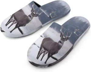 Women's Fuzzy Scuff Slippers Soft Comfy House Slippers Non-slip Warm Bedroom Slipper Deer on Frozen Wilderness Home Shoes for Indoor Outdoor Bedroom