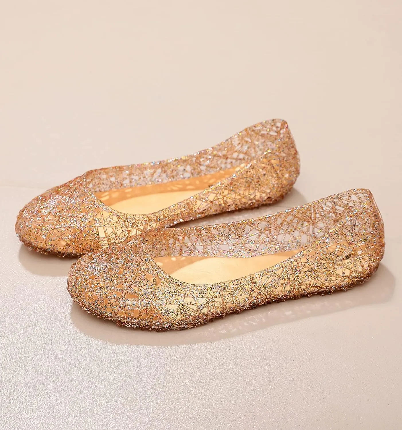 Womens Jelly Sandals, White Jelly Shoes Glitter Flats for Women Size 9, Slip On Summer Ballet Flat Transparent Layered Lines Bird Nest Soft Hollow Out Loafers