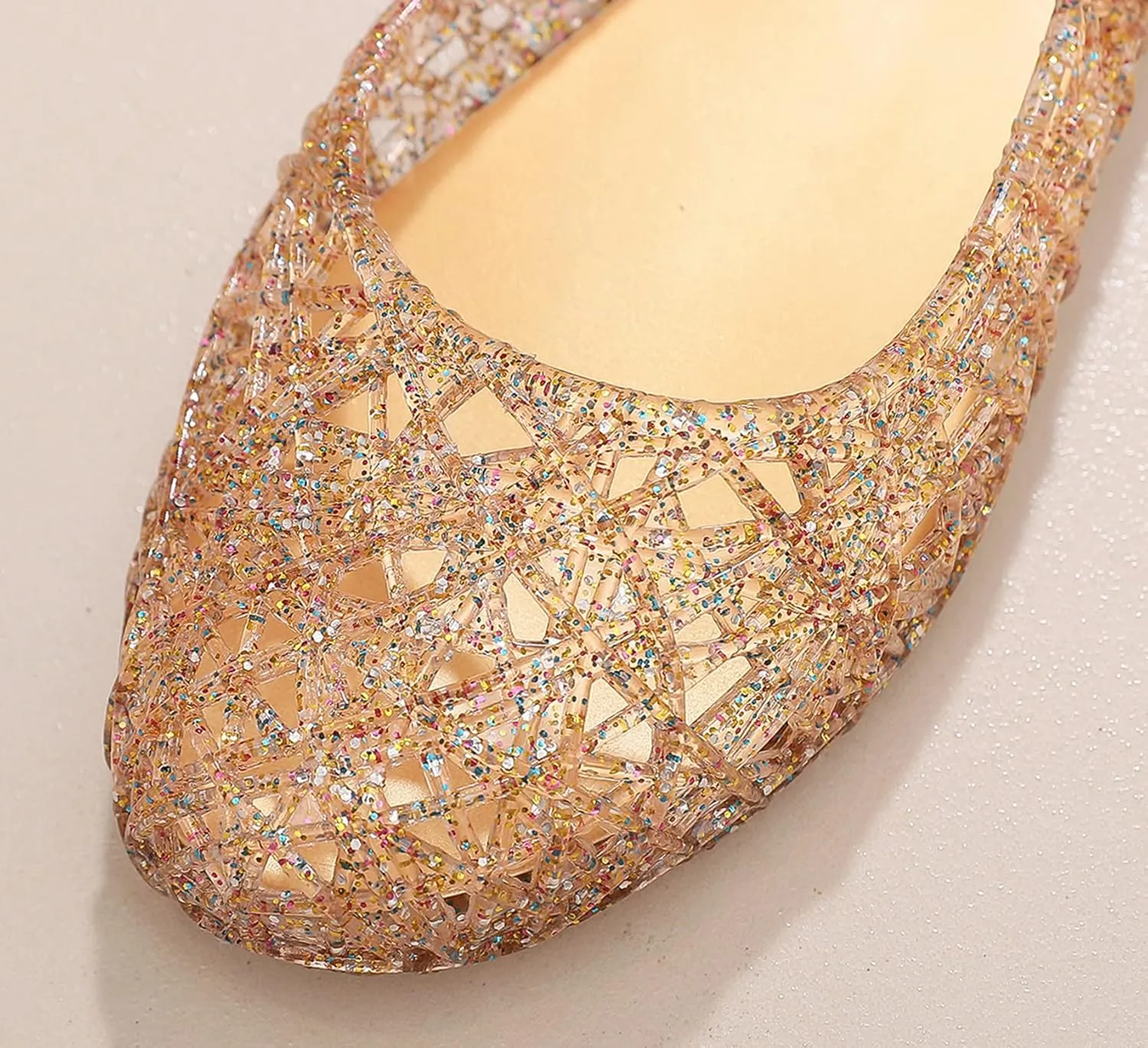 Womens Jelly Sandals, White Jelly Shoes Glitter Flats for Women Size 9, Slip On Summer Ballet Flat Transparent Layered Lines Bird Nest Soft Hollow Out Loafers