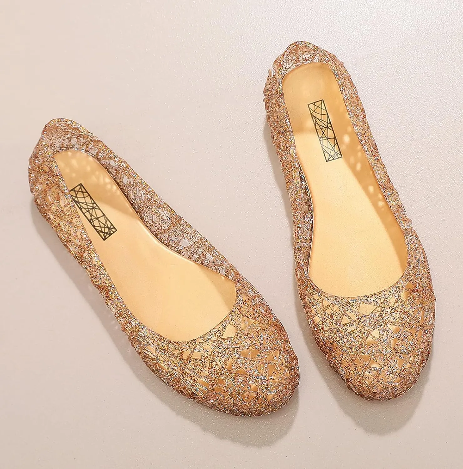 Womens Jelly Sandals, White Jelly Shoes Glitter Flats for Women Size 9, Slip On Summer Ballet Flat Transparent Layered Lines Bird Nest Soft Hollow Out Loafers