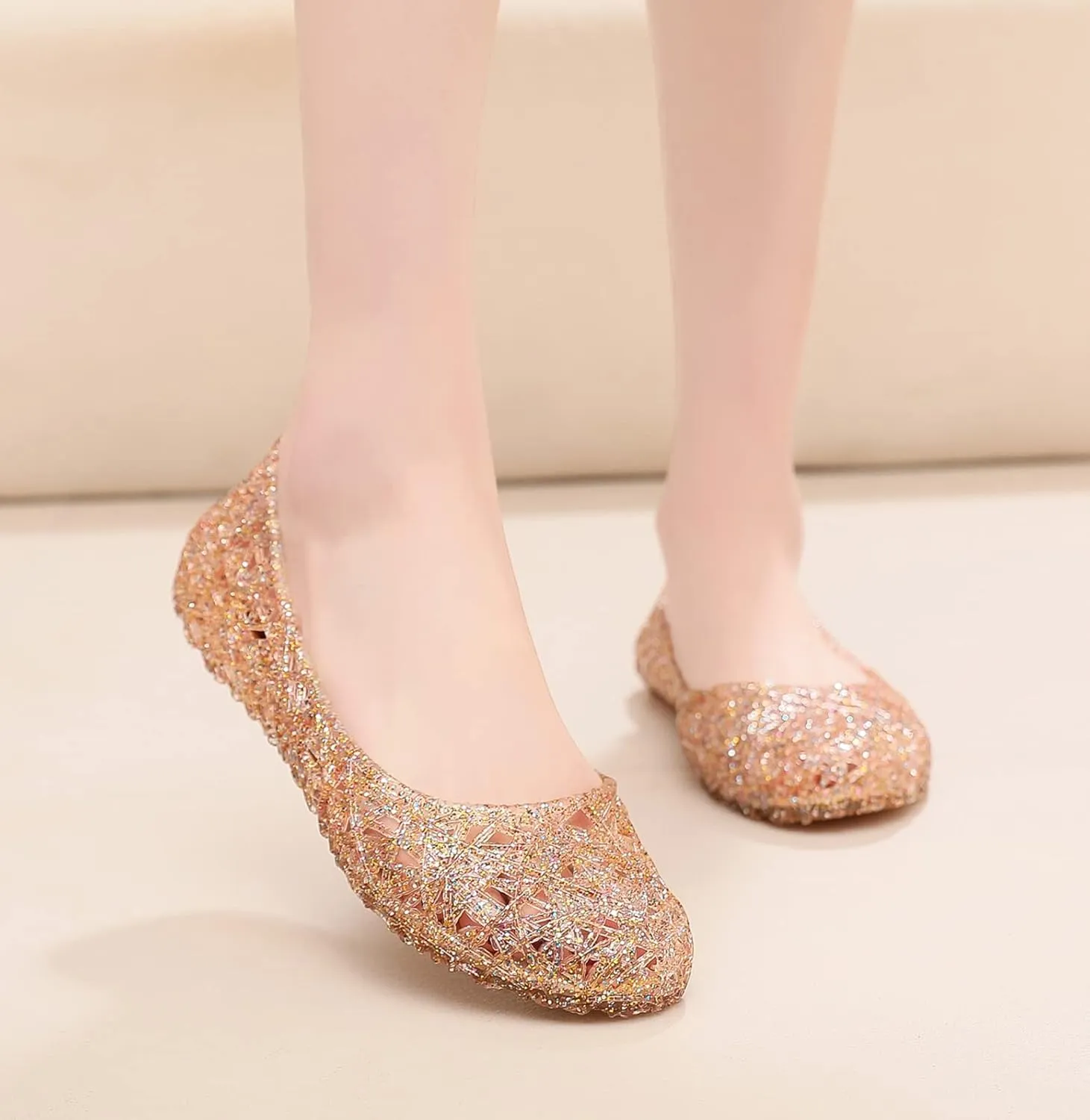 Womens Jelly Sandals, White Jelly Shoes Glitter Flats for Women Size 9, Slip On Summer Ballet Flat Transparent Layered Lines Bird Nest Soft Hollow Out Loafers