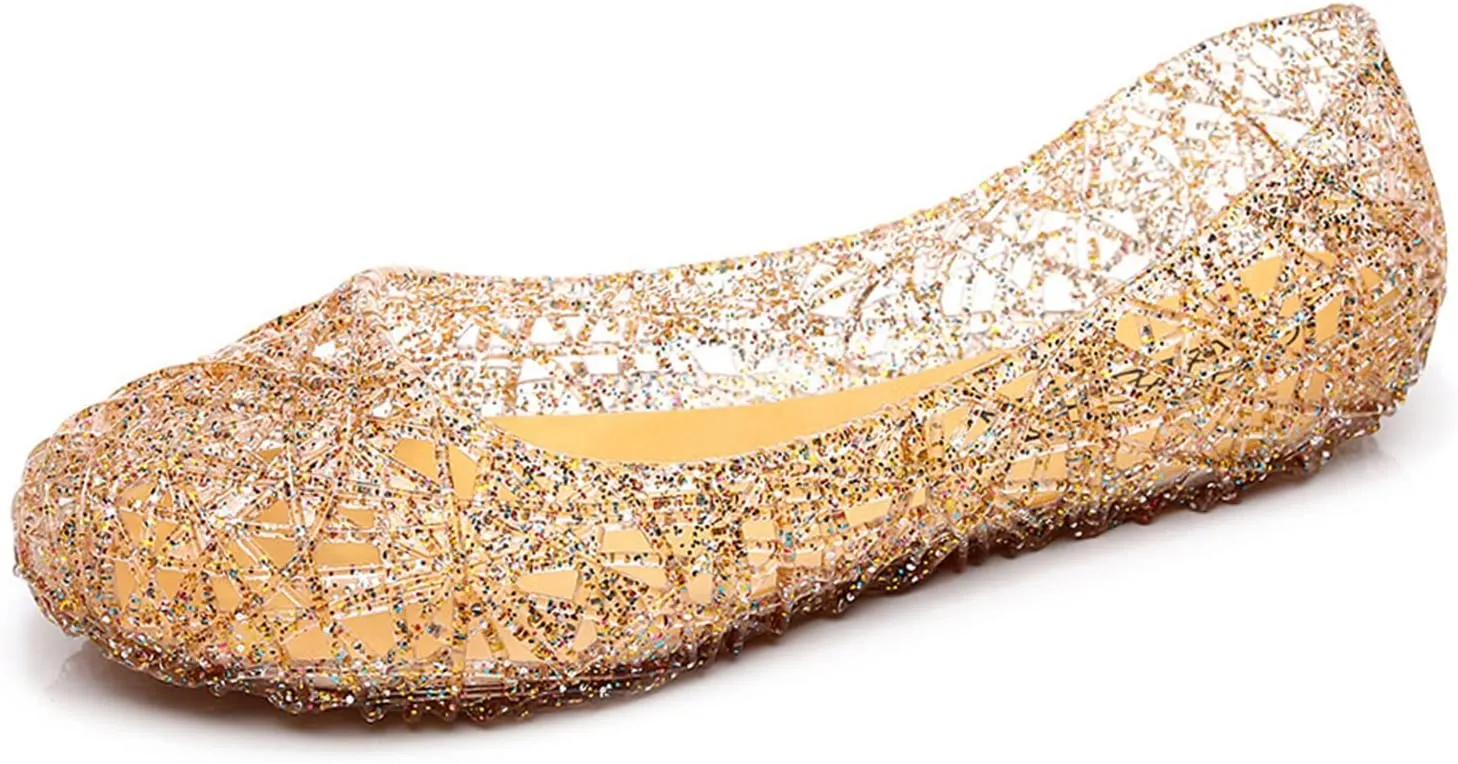 Womens Jelly Sandals, White Jelly Shoes Glitter Flats for Women Size 9, Slip On Summer Ballet Flat Transparent Layered Lines Bird Nest Soft Hollow Out Loafers