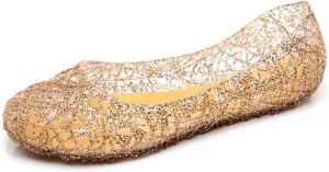 Womens Jelly Sandals, White Jelly Shoes Glitter Flats for Women Size 9, Slip On Summer Ballet Flat Transparent Layered Lines Bird Nest Soft Hollow Out Loafers