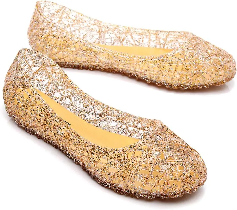 Womens Jelly Sandals, White Jelly Shoes Glitter Flats for Women Size 9, Slip On Summer Ballet Flat Transparent Layered Lines Bird Nest Soft Hollow Out Loafers