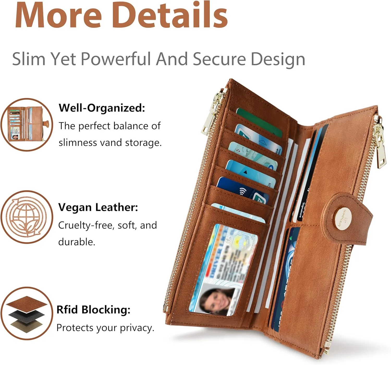 Womens Leather Wallet RFID Blocking Slim Bifold Credit Card Holder Travel Wallet with Double Zipper Pocket(Brilliant Brown)