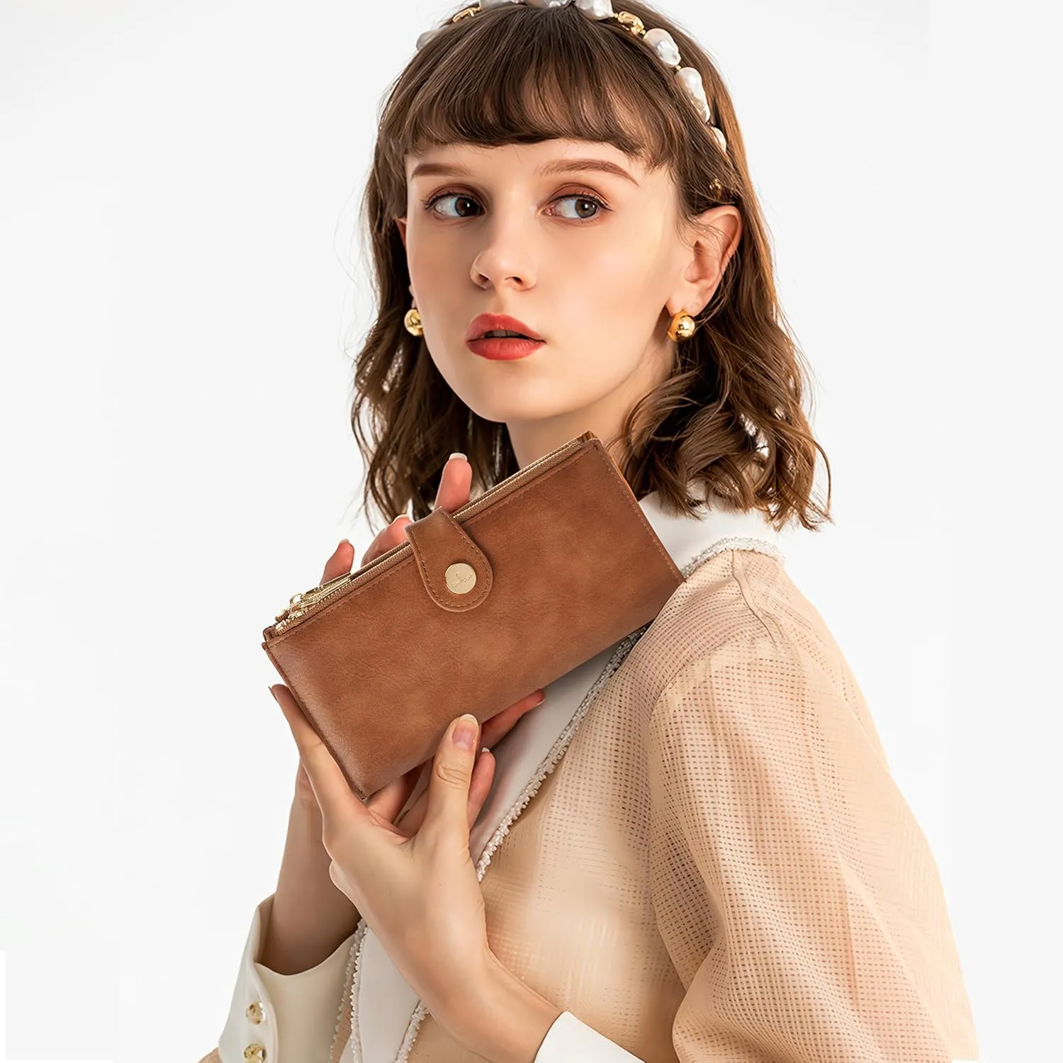 Womens Leather Wallet RFID Blocking Slim Bifold Credit Card Holder Travel Wallet with Double Zipper Pocket(Brilliant Brown)