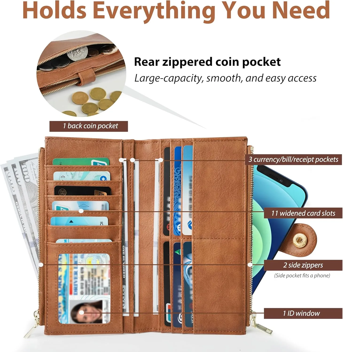 Womens Leather Wallet RFID Blocking Slim Bifold Credit Card Holder Travel Wallet with Double Zipper Pocket(Brilliant Brown)