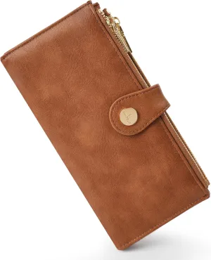Womens Leather Wallet RFID Blocking Slim Bifold Credit Card Holder Travel Wallet with Double Zipper Pocket(Brilliant Brown)