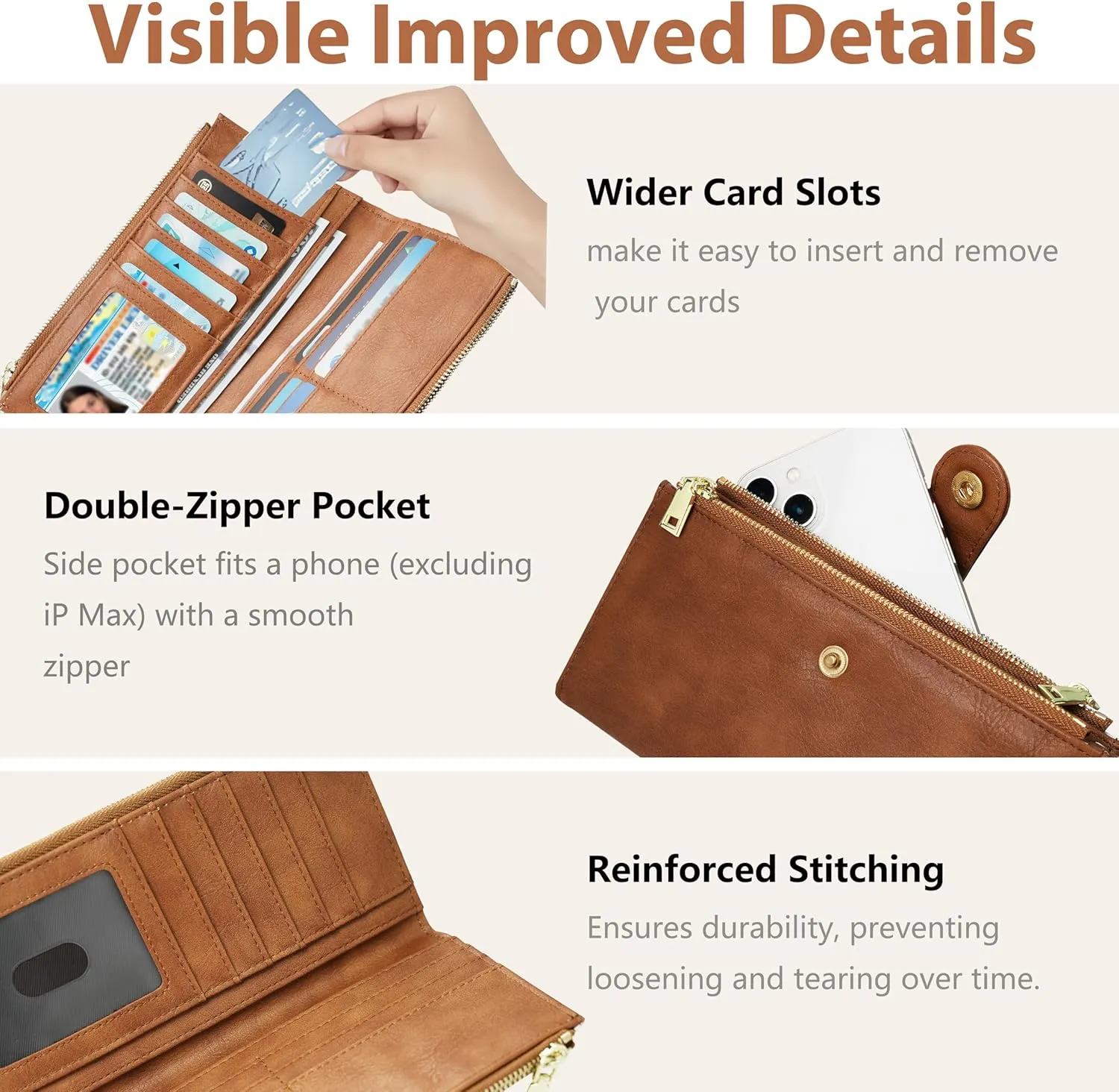 Womens Leather Wallet RFID Blocking Slim Bifold Credit Card Holder Travel Wallet with Double Zipper Pocket(Brilliant Brown)