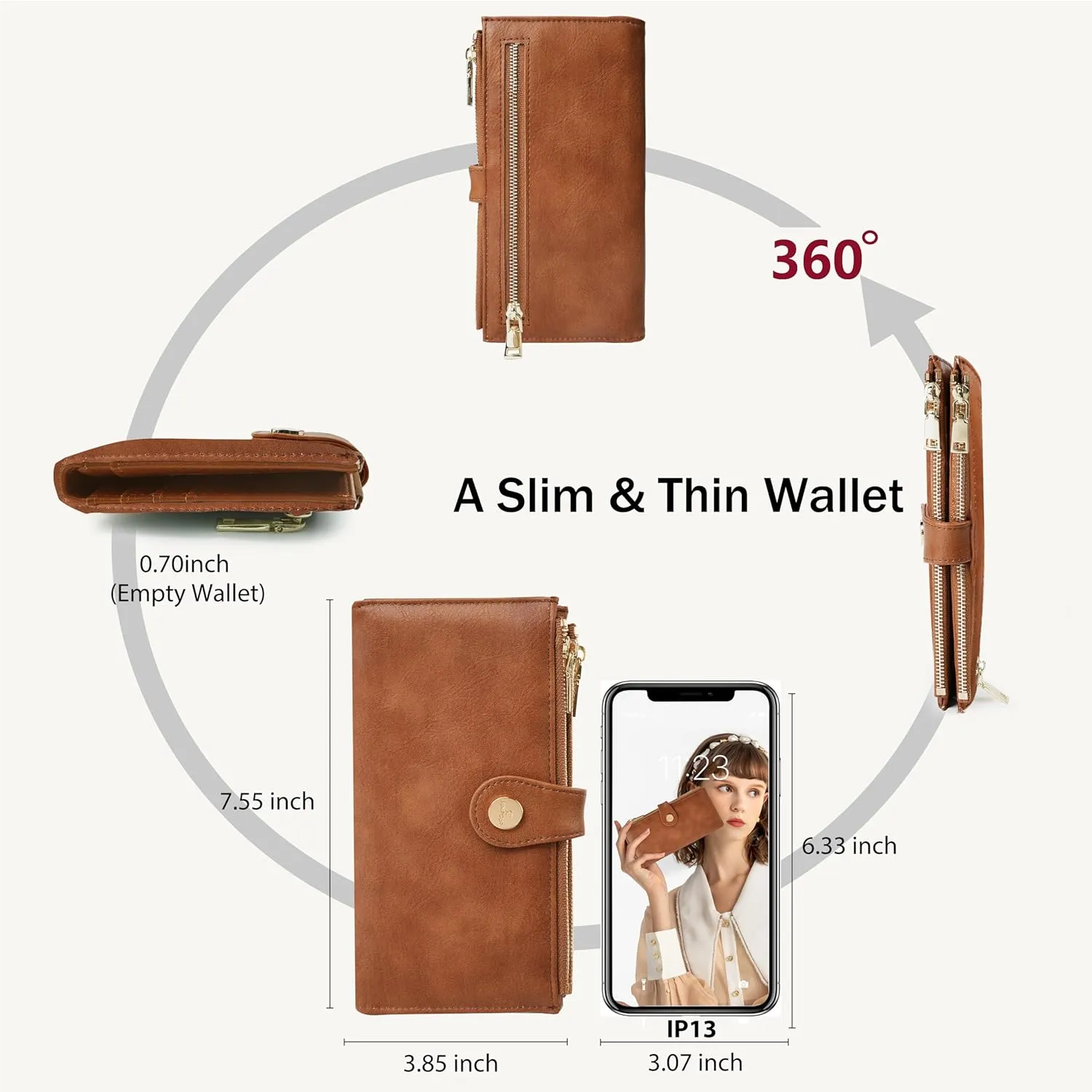 Womens Leather Wallet RFID Blocking Slim Bifold Credit Card Holder Travel Wallet with Double Zipper Pocket(Brilliant Brown)