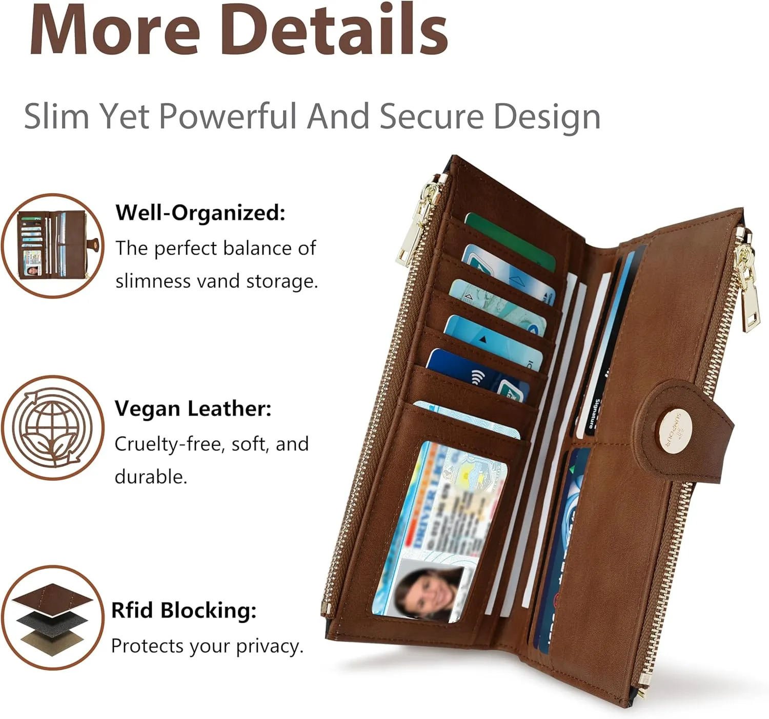 Womens Leather Wallet RFID Blocking Slim Bifold Credit Card Holder Travel Wallet with Double Zipper Pocket(Brown)