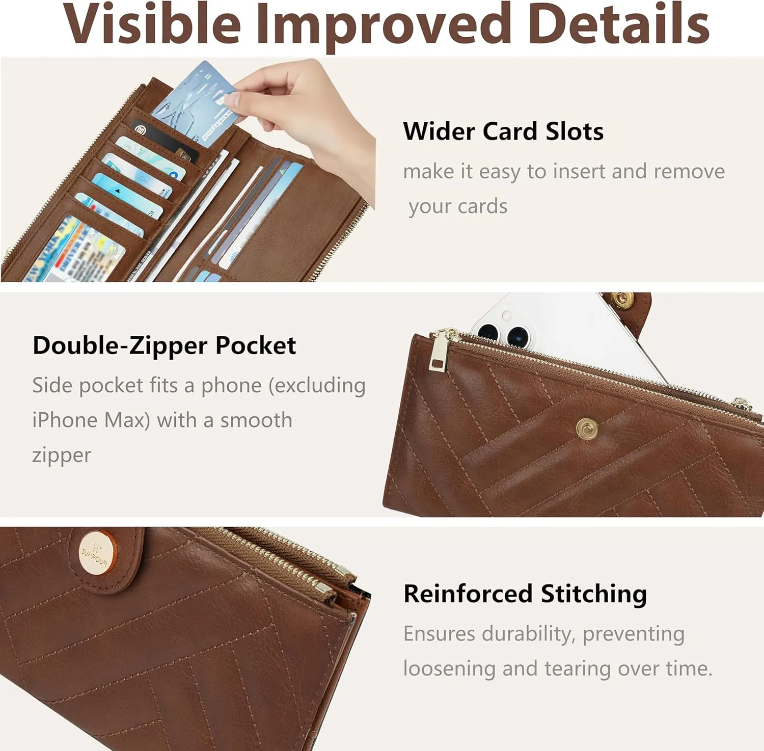 Womens Leather Wallet RFID Blocking Slim Bifold Credit Card Holder Travel Wallet with Double Zipper Pocket(Brown)