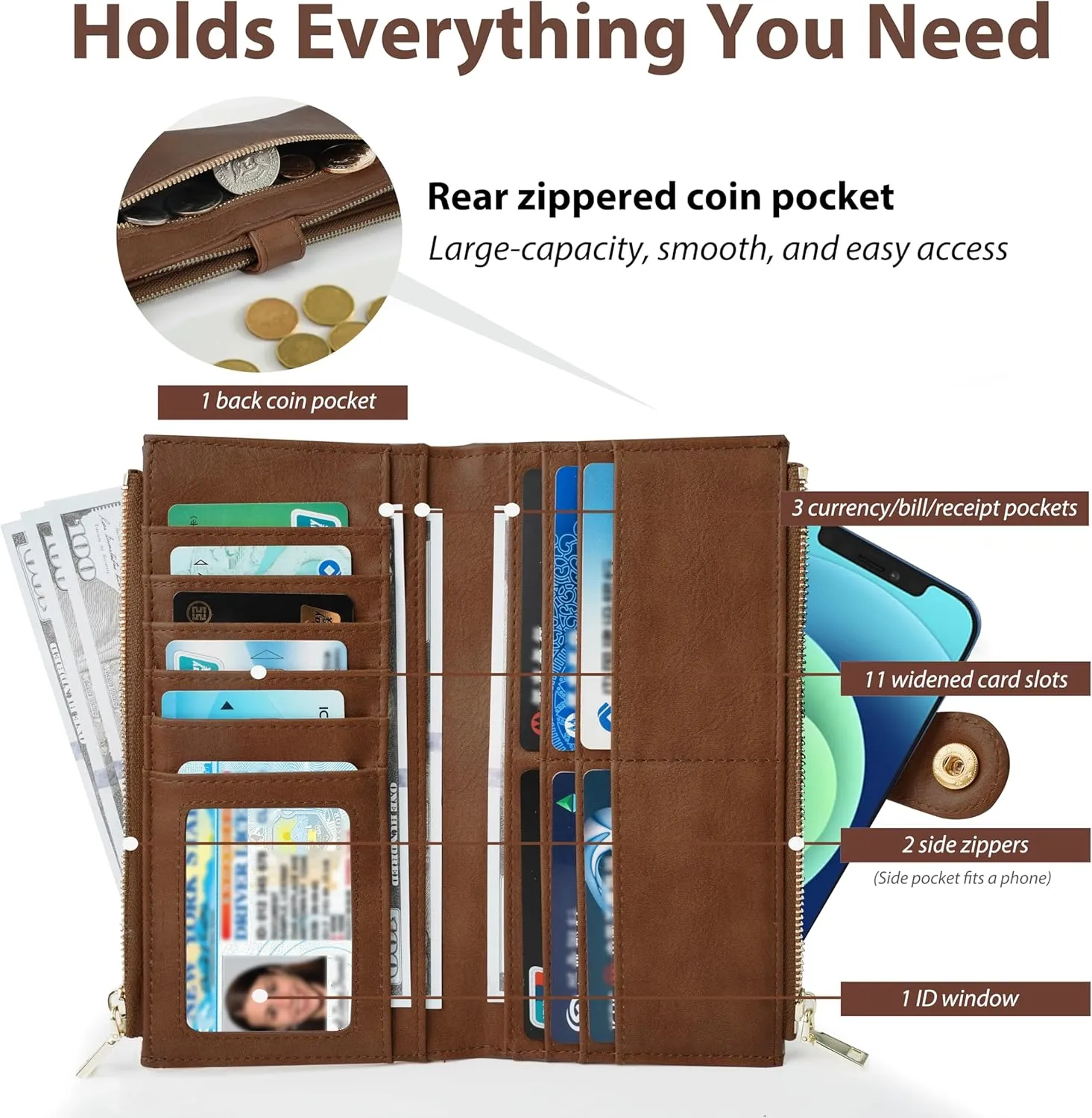 Womens Leather Wallet RFID Blocking Slim Bifold Credit Card Holder Travel Wallet with Double Zipper Pocket(Brown)