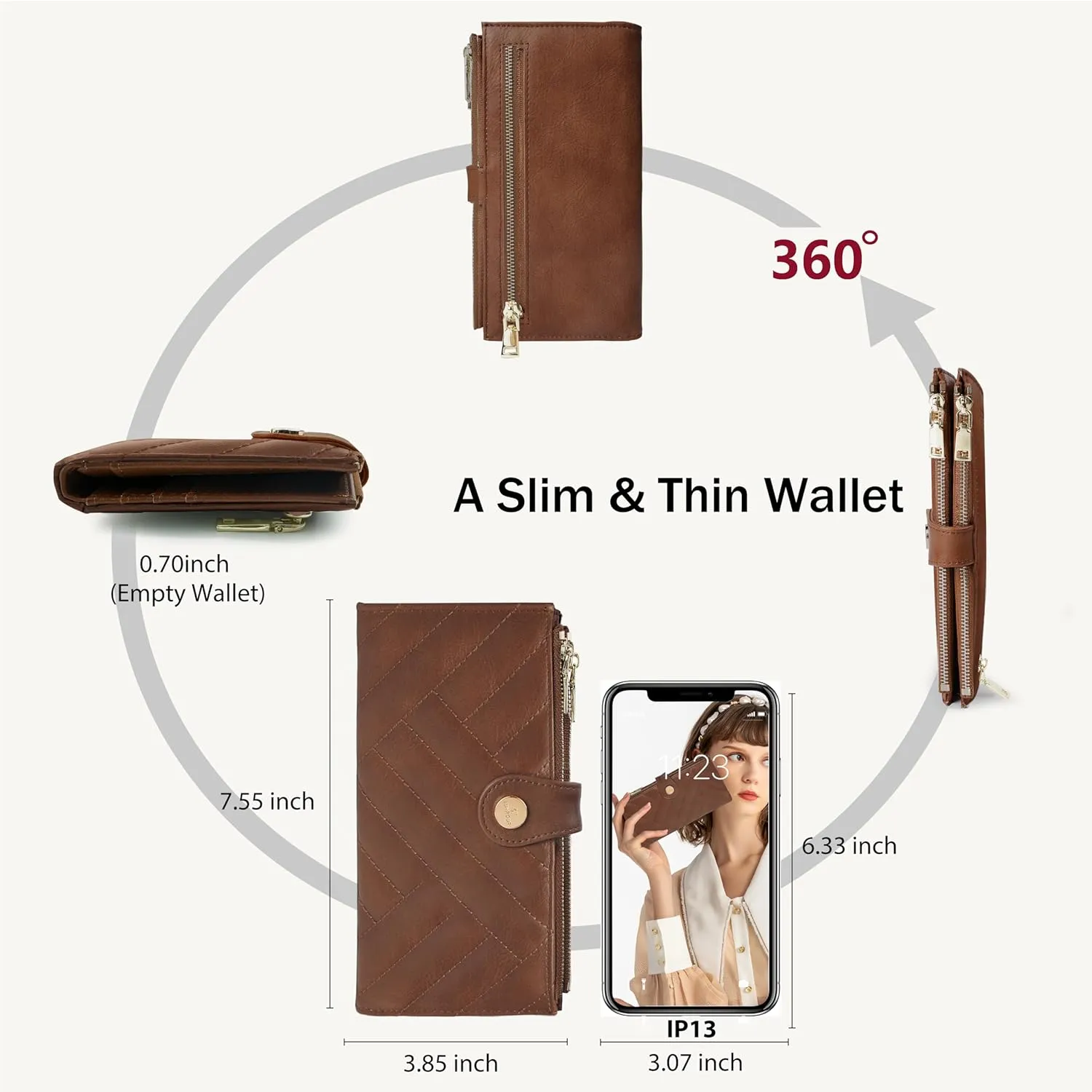 Womens Leather Wallet RFID Blocking Slim Bifold Credit Card Holder Travel Wallet with Double Zipper Pocket(Brown)