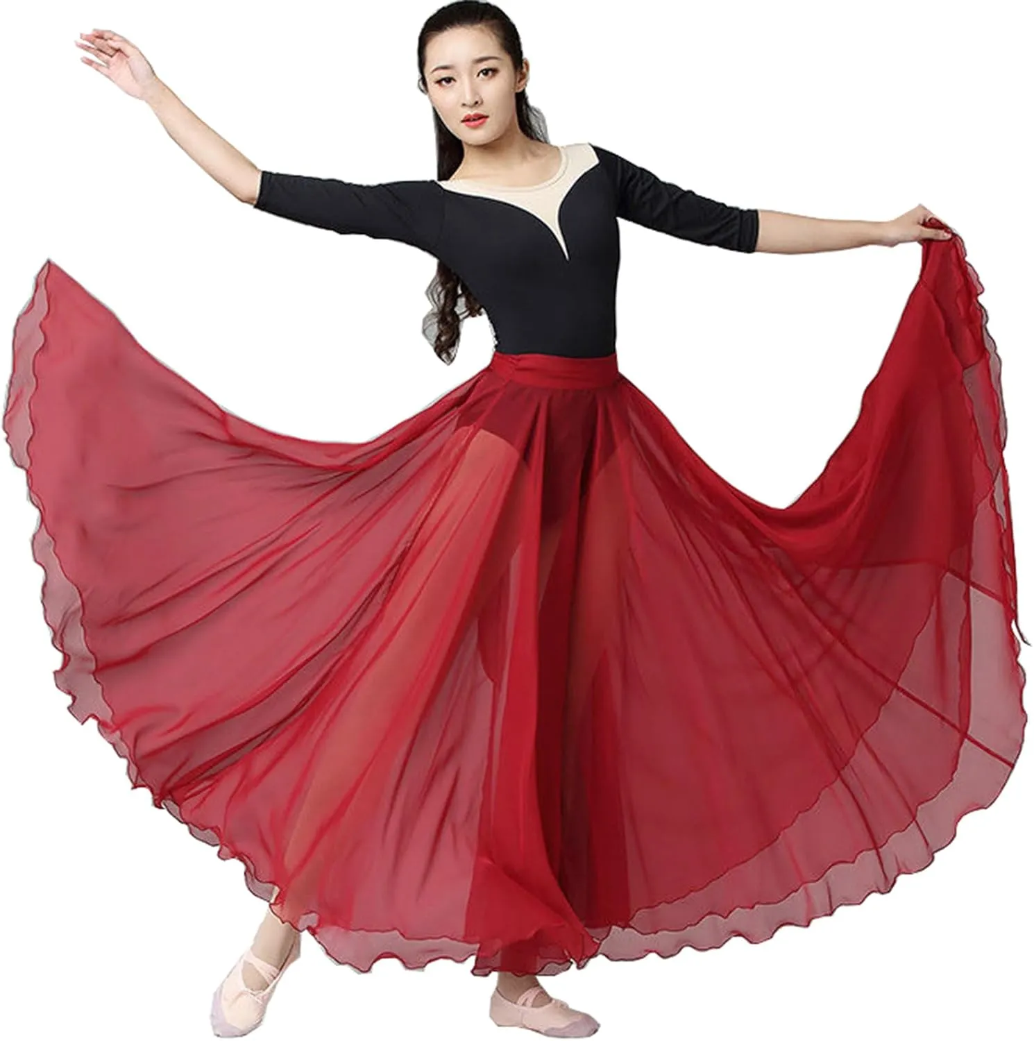 Women's Lyrical Dance Skirt Gradient Color Chiffon Long Swing Sheer Wrap Skirts for Modern Ballet Performance