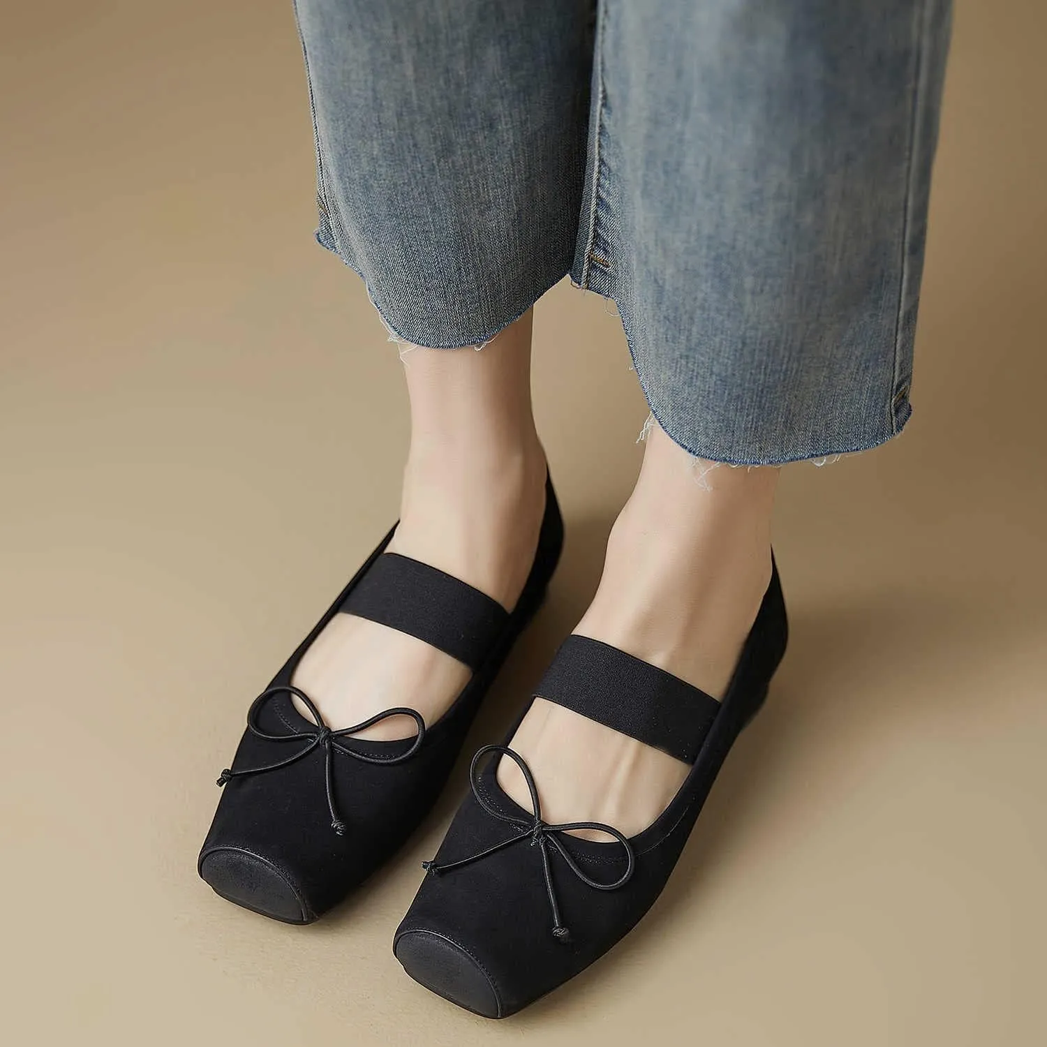 Womens Nubuck Leather Ballet Flats, Retro Square Toe with Wide Elastic Crisscross Band Low Thin Heel Shoes for Everyday Wear