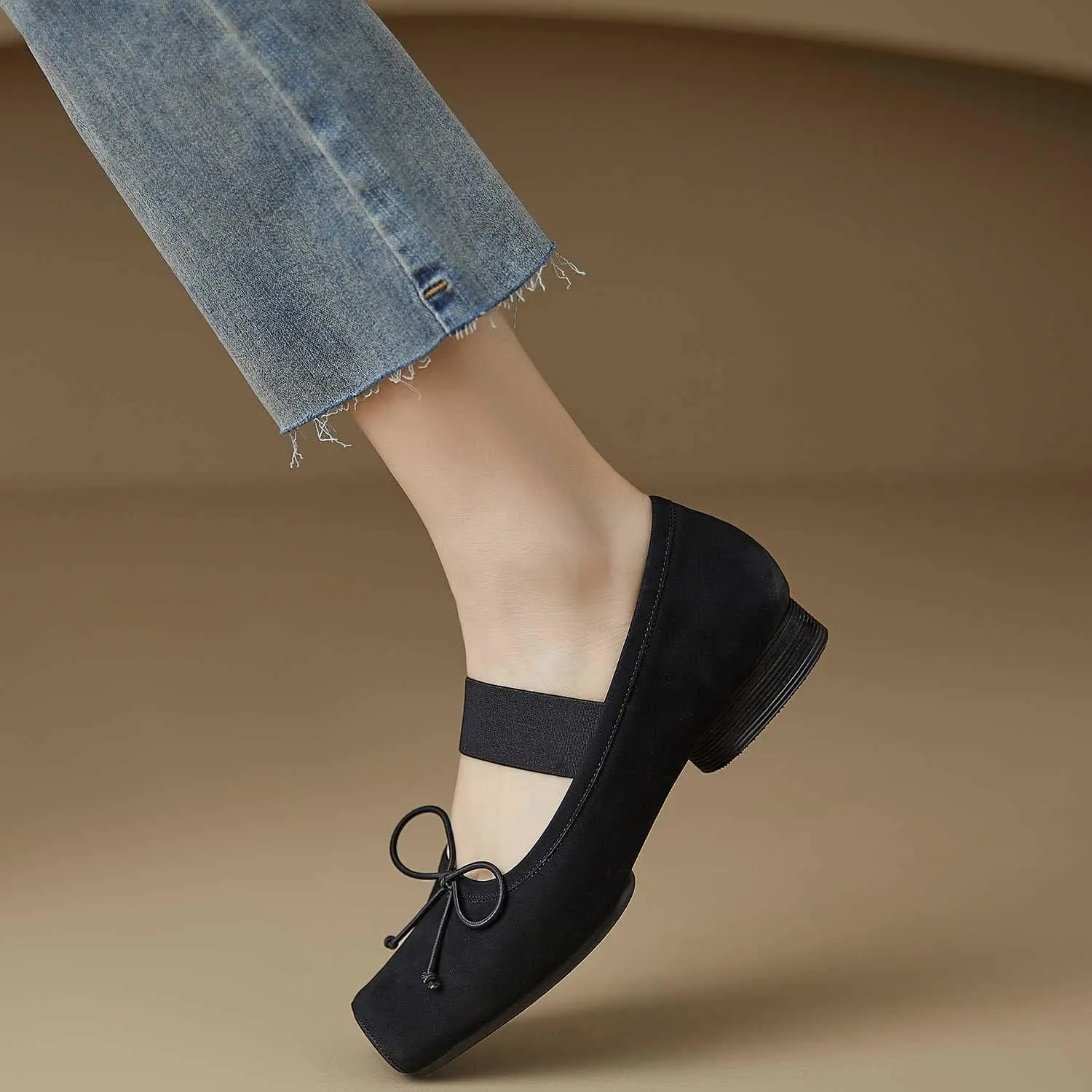 Womens Nubuck Leather Ballet Flats, Retro Square Toe with Wide Elastic Crisscross Band Low Thin Heel Shoes for Everyday Wear