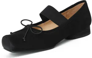 Womens Nubuck Leather Ballet Flats, Retro Square Toe with Wide Elastic Crisscross Band Low Thin Heel Shoes for Everyday Wear