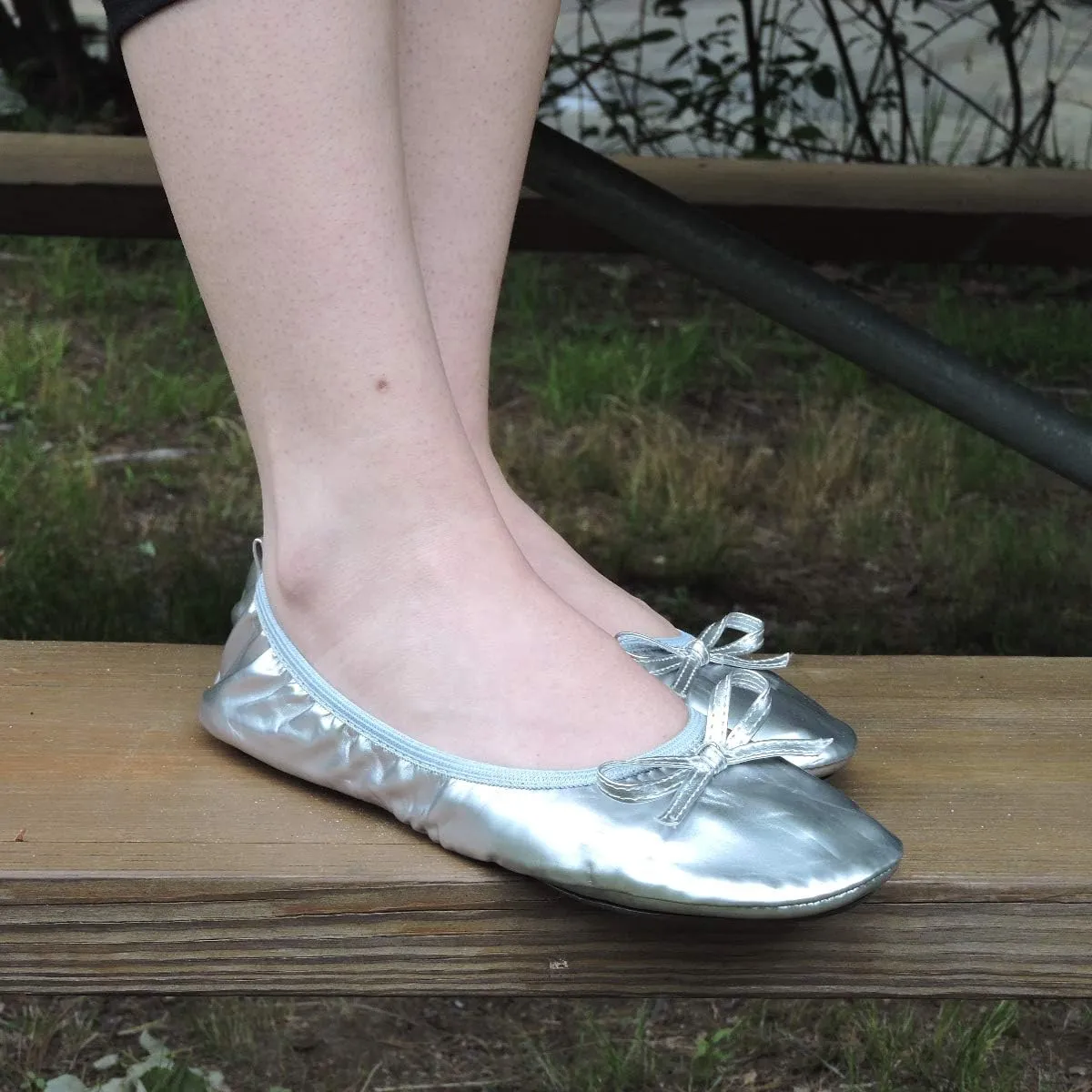 Women's Patent Style Foldable Portable Ballet Flats Shoes - Travel Wedding Foldup Slip On in a Carry Pouch