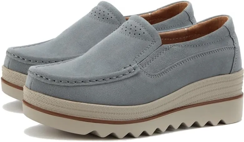Womens Slip on Loafers Comfortable Thick Soft Platform（2in） Shoes Business Casual Walking Shoes Faux Suede Moccasins
