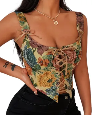 Women's Summer Vintage Floral Renaissance Corset Top for Women Y2k Tops Sleeveless Drawstring Crop Top