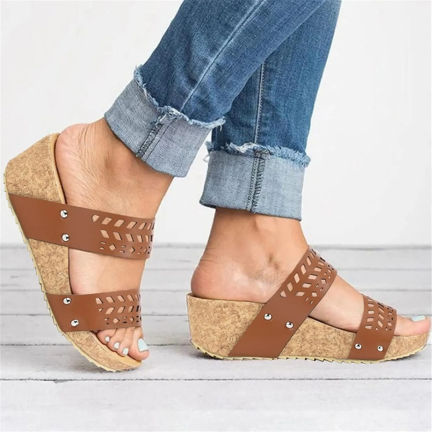 Womenyiaor Wedge Sandals Women Fashion Slip on Wedge Sandals Platform Espadrille Wedge Sandals Slippers Platform Slides Open Toe Sandals Casual Shoes Comfortable Slippers (a-Brown, 7.5)