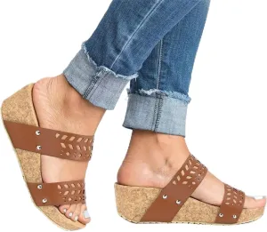 Womenyiaor Wedge Sandals Women Fashion Slip on Wedge Sandals Platform Espadrille Wedge Sandals Slippers Platform Slides Open Toe Sandals Casual Shoes Comfortable Slippers (a-Brown, 7.5)
