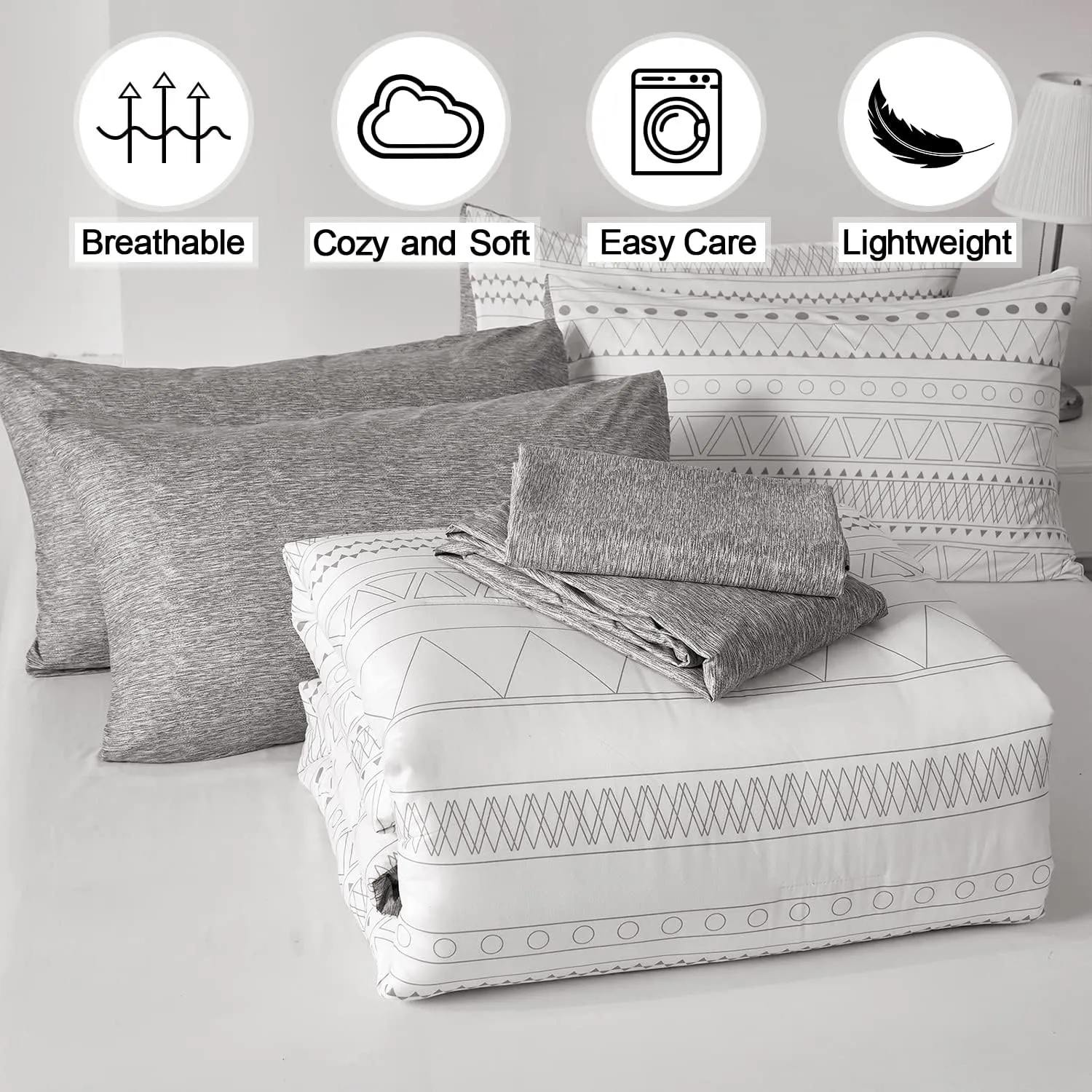 WONGS BEDDING Boho Geometric Comforter Set Full Size,7 Pieces White Grey Stripe Bed in a Bag Comforter for All Season Bohemian Complete Bed Set with Pillowcases & Shams,Sheets Soft Microfiber