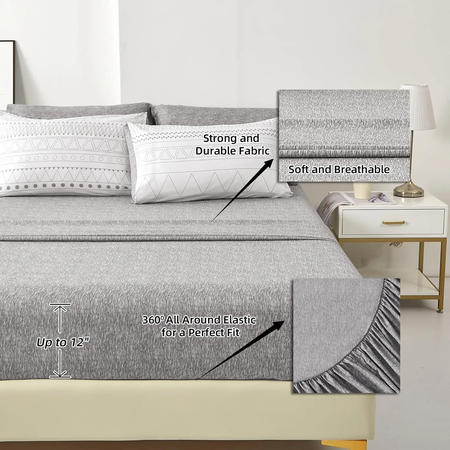 WONGS BEDDING Boho Geometric Comforter Set Full Size,7 Pieces White Grey Stripe Bed in a Bag Comforter for All Season Bohemian Complete Bed Set with Pillowcases & Shams,Sheets Soft Microfiber
