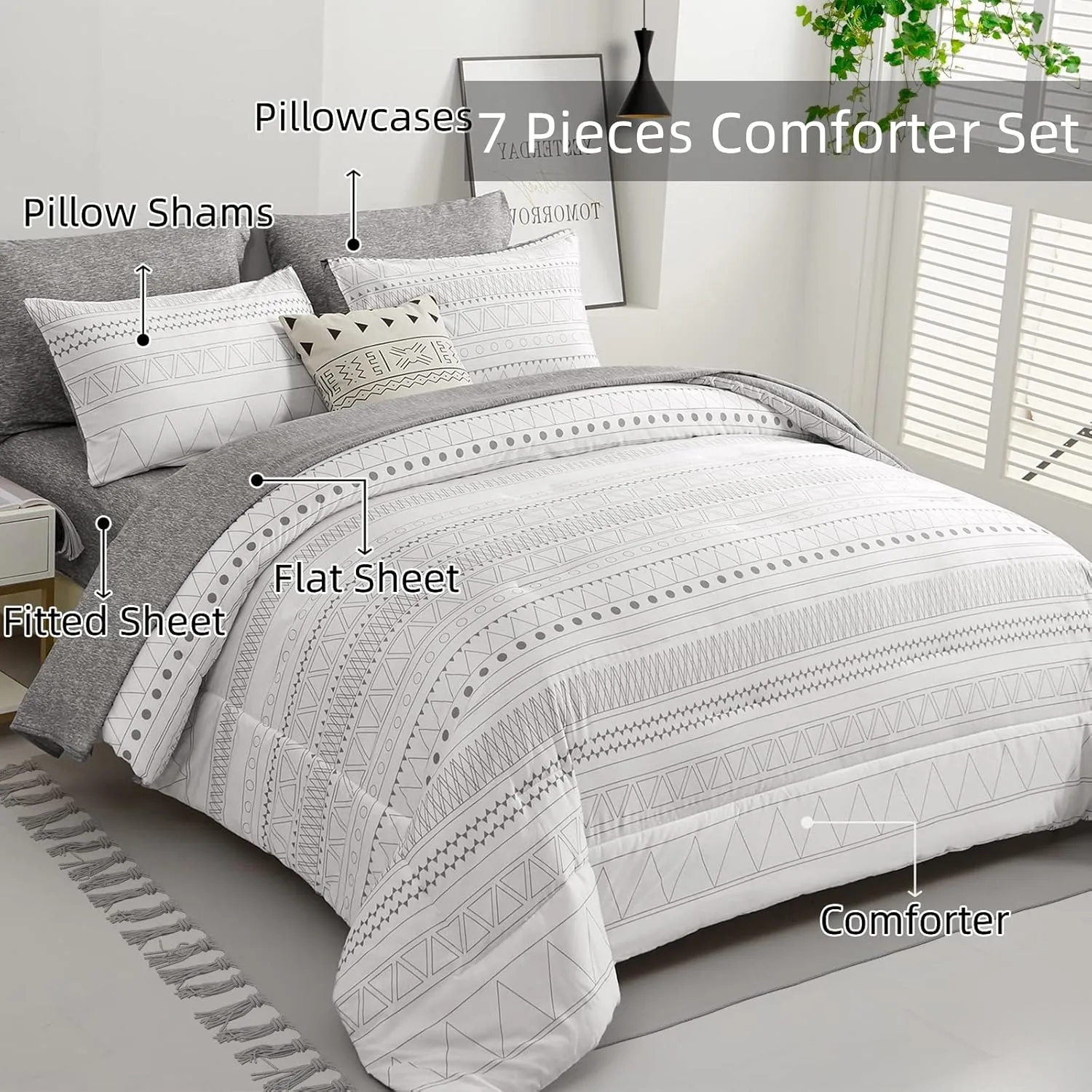 WONGS BEDDING Boho Geometric Comforter Set Full Size,7 Pieces White Grey Stripe Bed in a Bag Comforter for All Season Bohemian Complete Bed Set with Pillowcases & Shams,Sheets Soft Microfiber