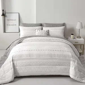 WONGS BEDDING Boho Geometric Comforter Set Full Size,7 Pieces White Grey Stripe Bed in a Bag Comforter for All Season Bohemian Complete Bed Set with Pillowcases & Shams,Sheets Soft Microfiber