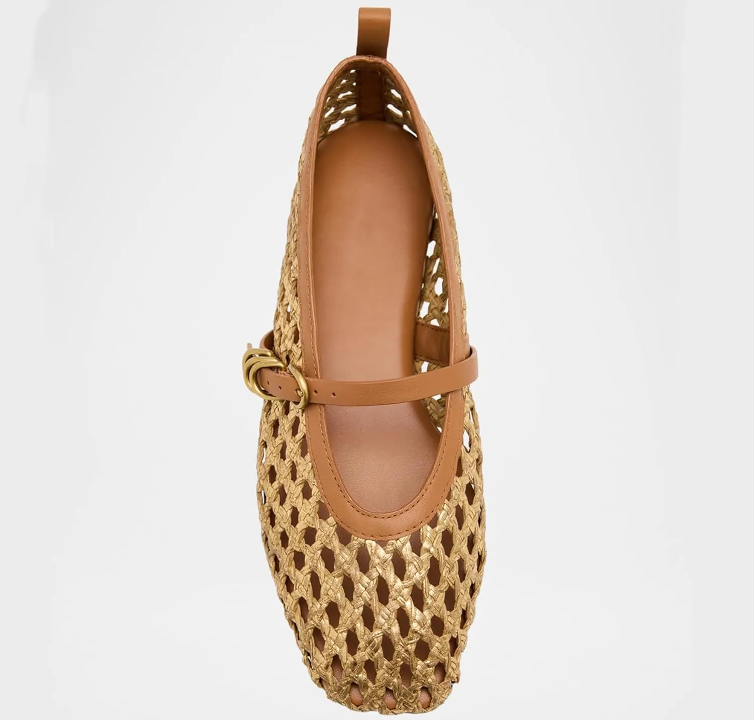 Woven Mesh Ballet Flats for Women Comfortable Raffia Metal Buckle Strap Ballet Flats Casual Closed Toe Mary Jane Flat