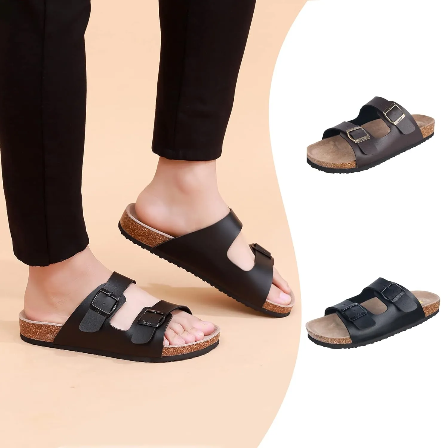 WTW Men's Cork Footbed Sandals Slip on Beach Slide Slipper Shoes with Adjustable Metal Buckle Strap for Men Causal Style