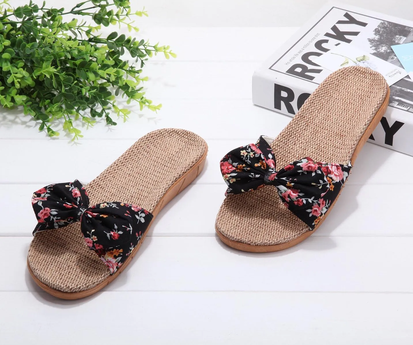 xsby Womens Cozy Indoor Cotton Flax Home Slippers Non-Slip Casual Sandals