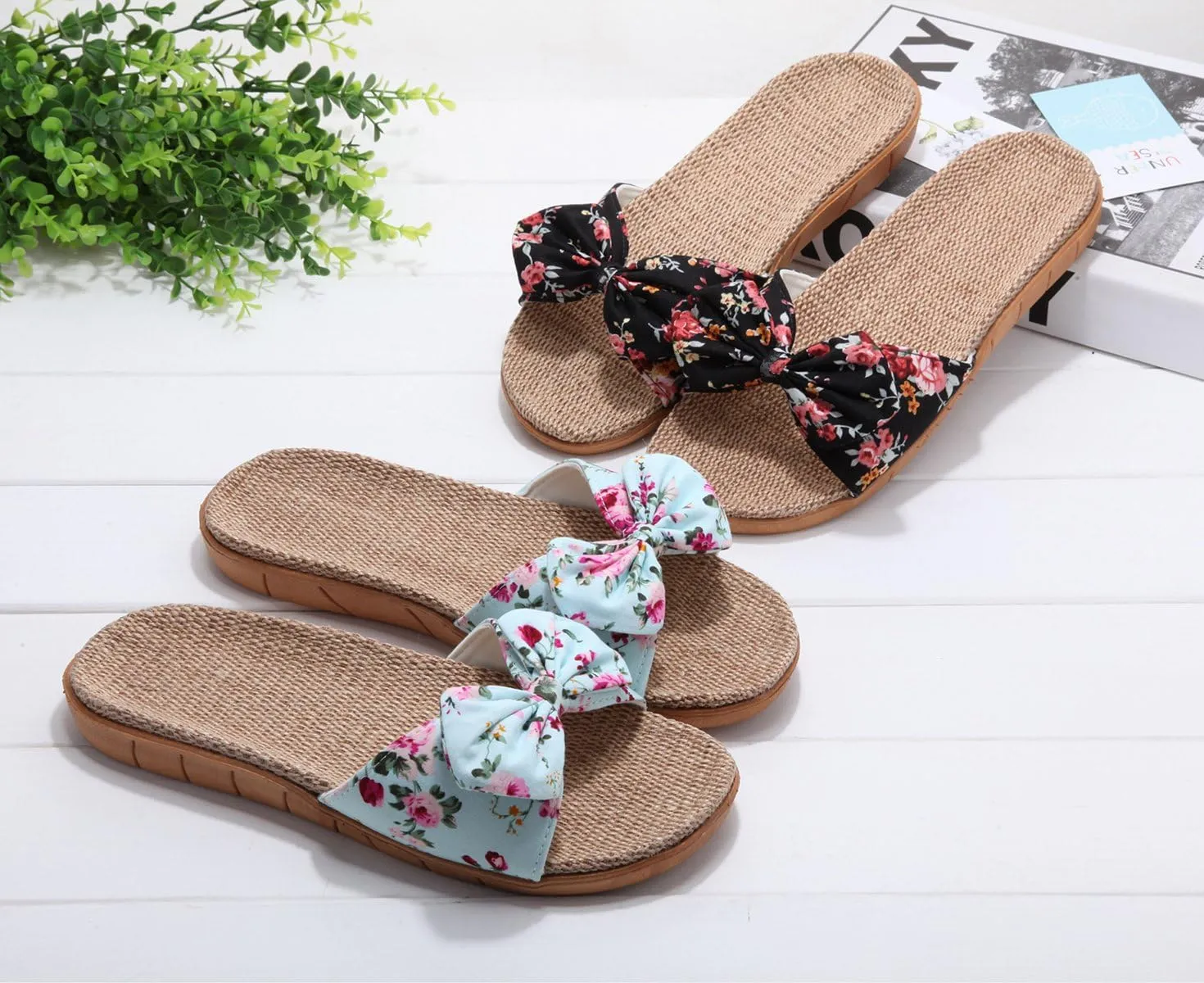 xsby Womens Cozy Indoor Cotton Flax Home Slippers Non-Slip Casual Sandals