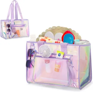Yarwo 𝟐𝟎𝟐𝟓 𝐍𝐄𝐖 Beach Bag for Women, Iridescent Tote Bag with Front Phone Pouch and Internal Pockets for Beach Pool Gym Essentials, Waterproof Sandproof Clear Tote for Family & Weekend Travel