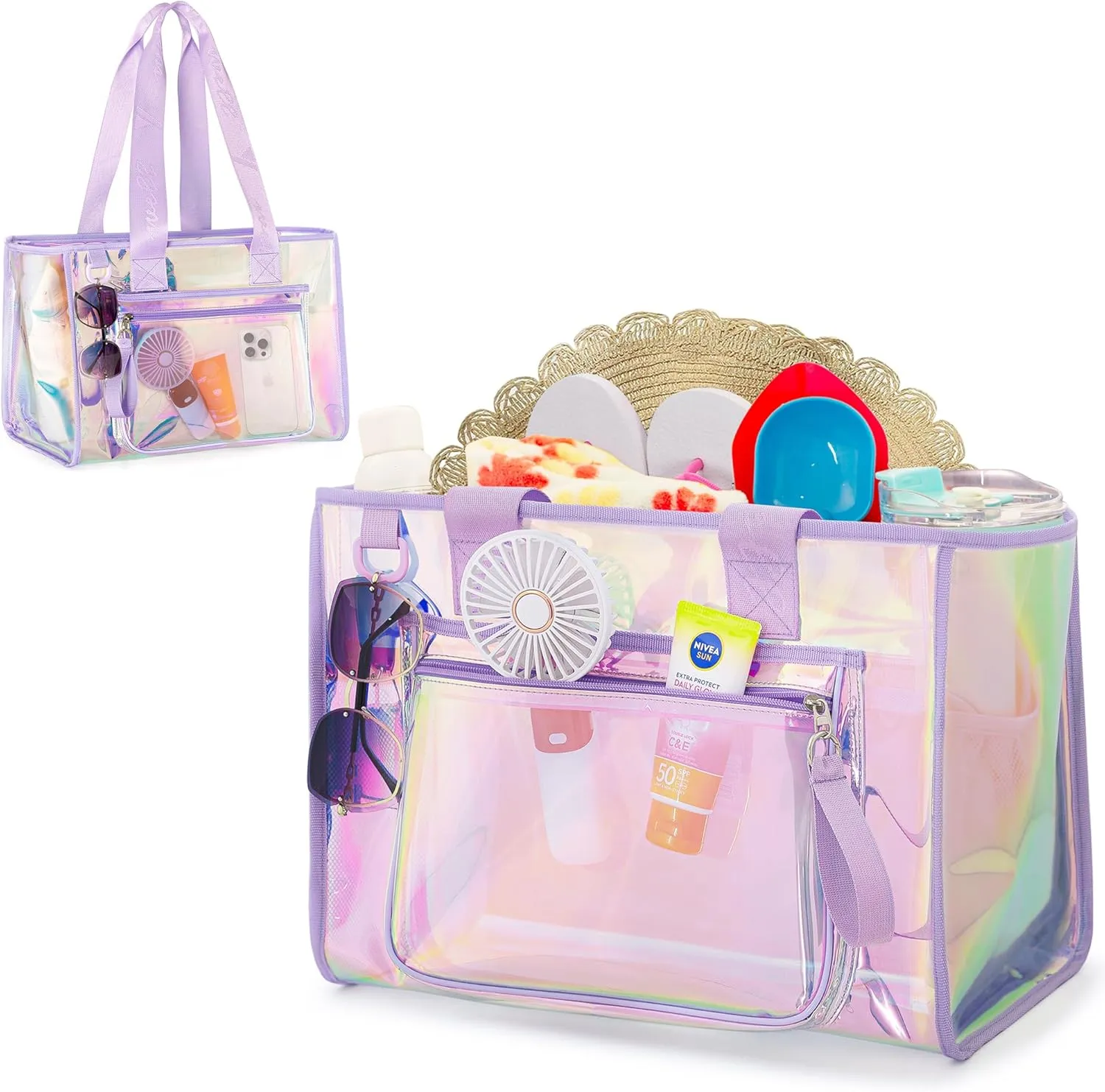 Yarwo 𝟐𝟎𝟐𝟓 𝐍𝐄𝐖 Beach Bag for Women, Iridescent Tote Bag with Front Phone Pouch and Internal Pockets for Beach Pool Gym Essentials, Waterproof Sandproof Clear Tote for Family & Weekend Travel