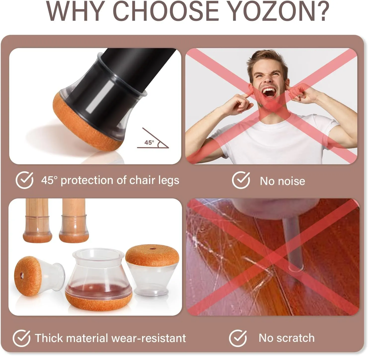 YOZON Chair Leg Floor Protectors for Hardwood Floors Felt Furniture Pads Silicone Caps 32 Pack Non Slip Reduce Noise Clear Round Medium Fit 3/4"~1-3/16" (19-30mm)