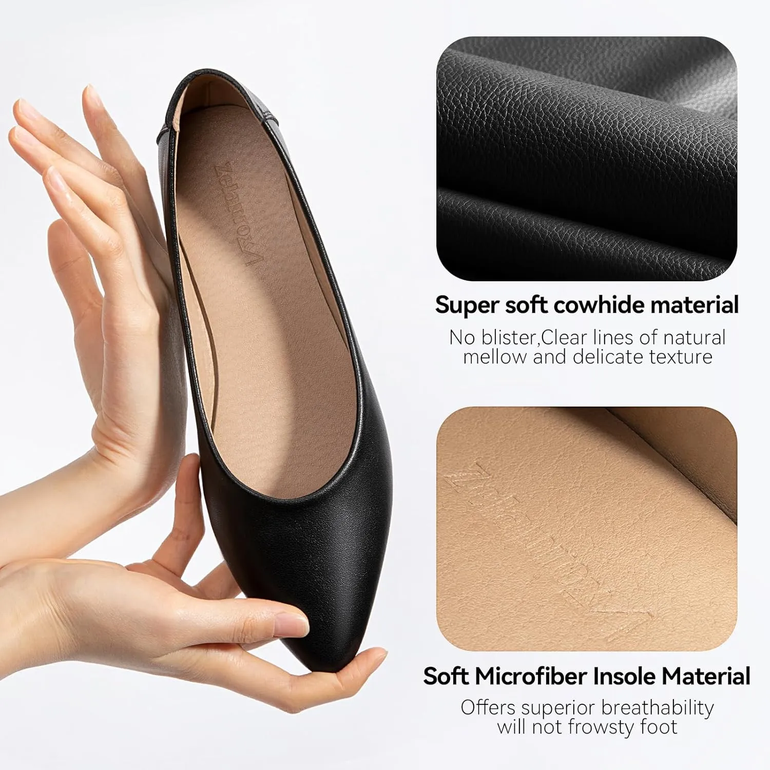Zelaprox Women's Casual Pointed Toe Ballet Comfort Soft Leather Slip On Cowhide Flats Shoes Work Flats Office Shoes Casual Dressy Shoes