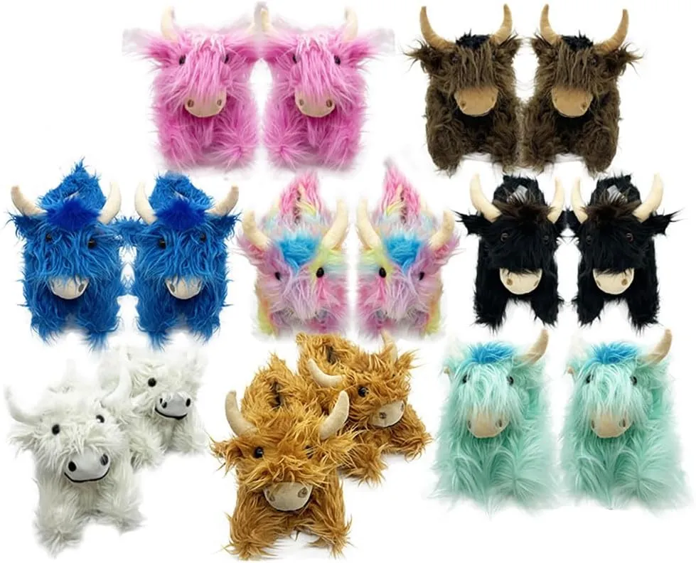 Zureto Highland Cow Plush Scottish Cow Slippers, Soft Warm Animal Home Indoor Shoes